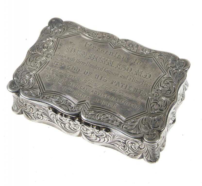 Appraisal: A VICTORIAN SILVER TESTIMONIAL SNUFF BOX of moulded oblong form