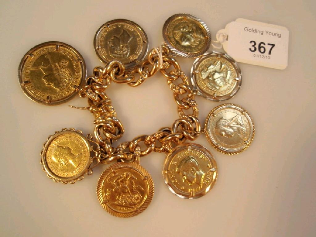 Appraisal: A heavy curb link bracelet with eight various coins attached