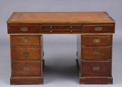 Appraisal: VICTORIAN-STYLE BRASS-MOUNTED CAMPAIGN DESK The top with gold-tooled leather panel