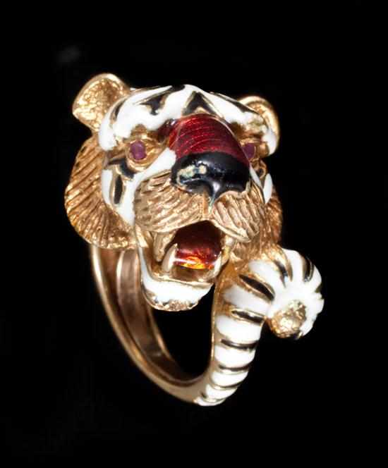 Appraisal: Frascarolo K gold enamel and ruby tiger ring marked ''Modele