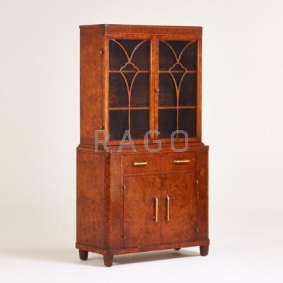 Appraisal: AMERICAN ART DECO China cabinet s Burlwood Bakelite zinc-plated metal