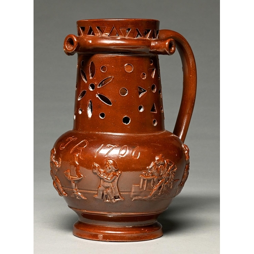 Appraisal: An English saltglazed brown stoneware puzzle jug Derbyshire or Nottinghamshire