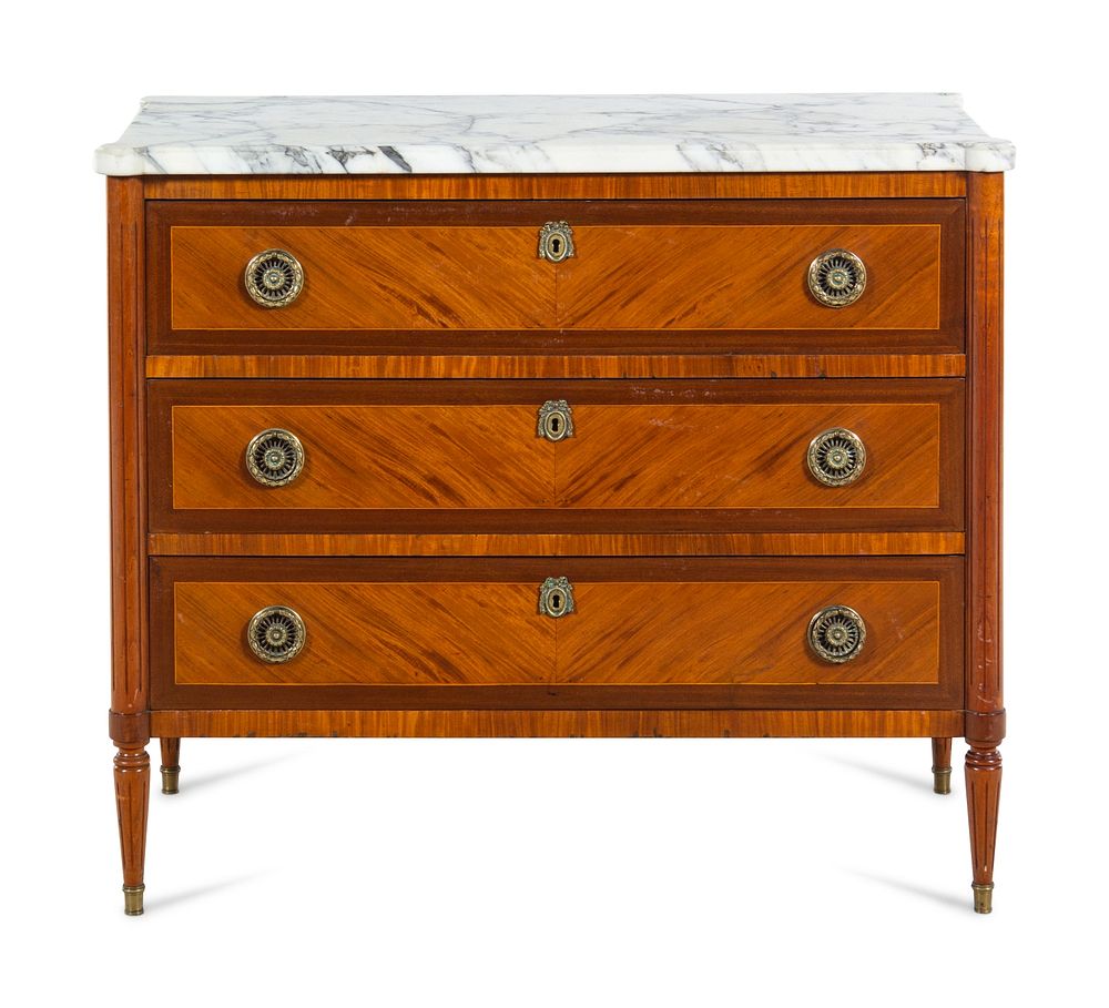 Appraisal: A Louis XVI Style Mahogany and Satinwood Marble-Top Commode A