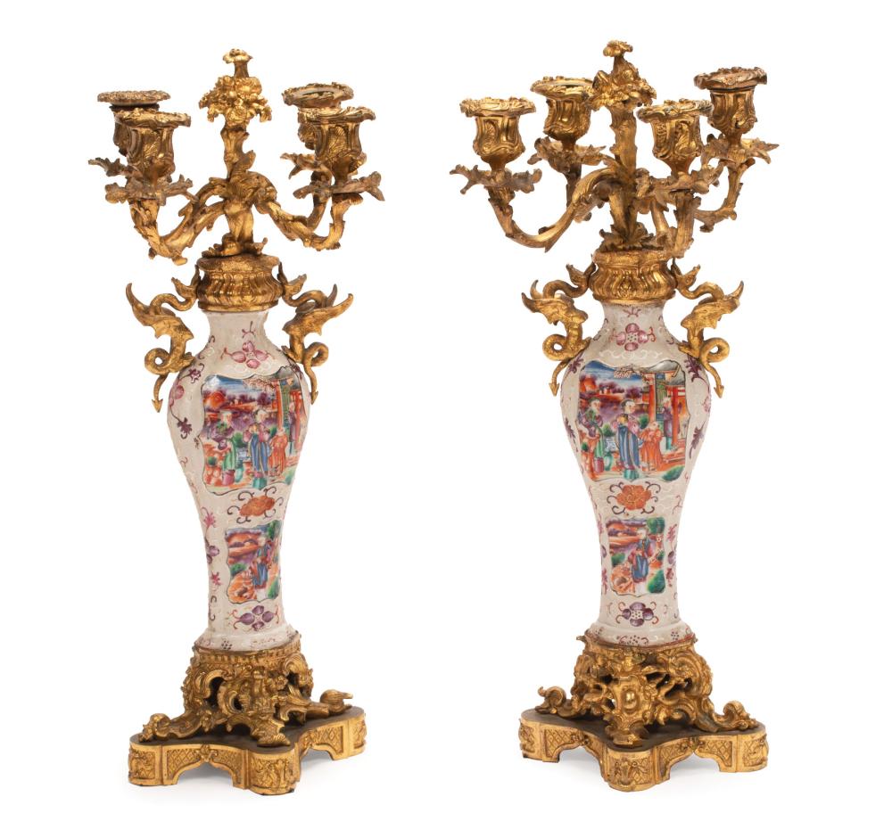 Appraisal: Pair of Gilt Bronze-Mounted Chinese Export Porcelain Four-Light Candelabra baluster