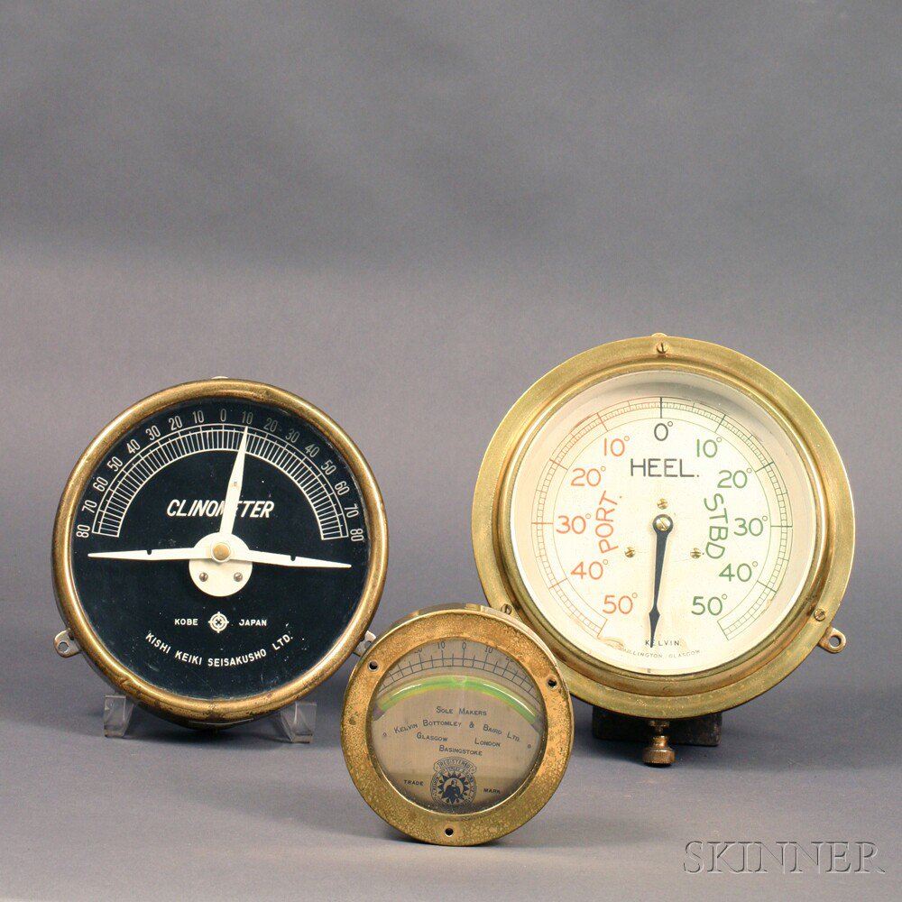 Appraisal: Three Brass-cased Gauges a black dial clinometer a white dial