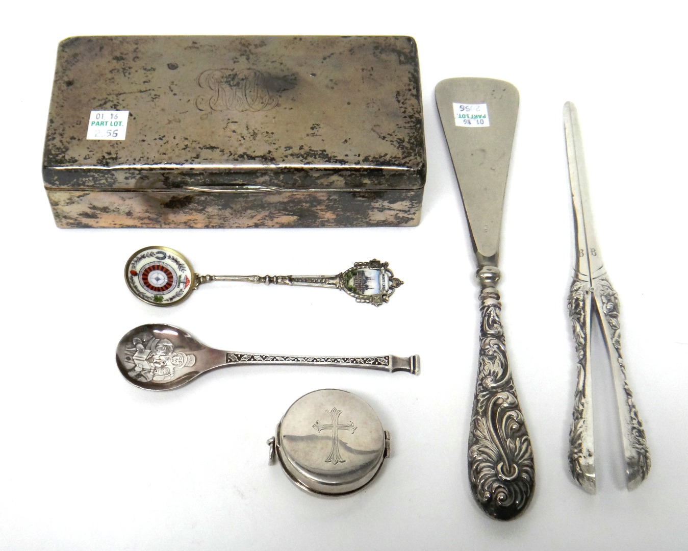 Appraisal: Silver and silver mounted wares comprising a rectangular table cigarette