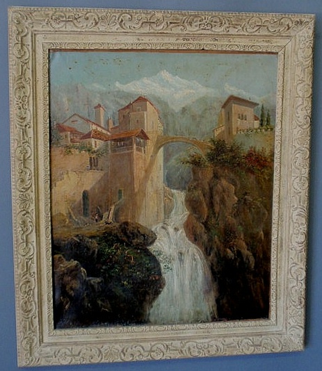 Appraisal: Oil on canvas Continental landscape painting th c with buildings