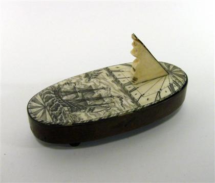 Appraisal: Scrimshaw portable sundialThe brass bound oval ivory panel etched with