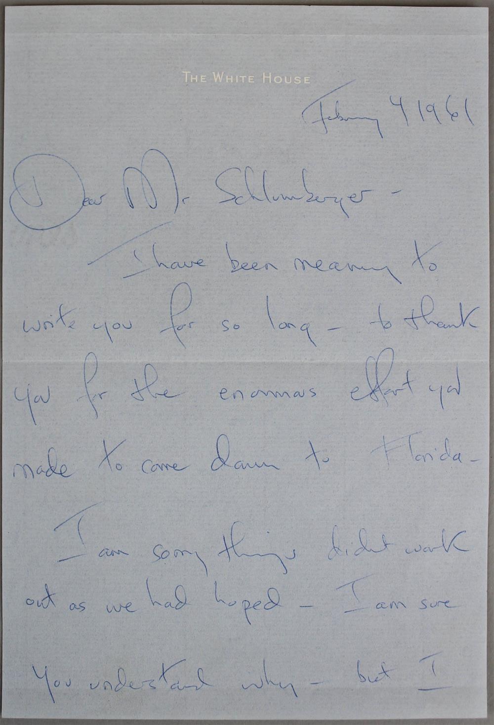 Appraisal: JACQUELINE KENNEDY AUTOGRAPHED LETTER SIGNED ONE PAGE TO JEAN SCHLUMBERGER