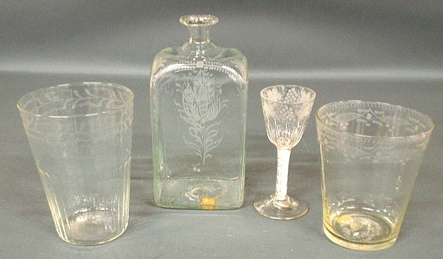 Appraisal: - Stiegel type glass spirits bottle with etched floral decoration