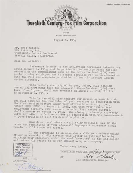 Appraisal: FRED ASTAIRE Two typed letters signed by Astaire concerning the