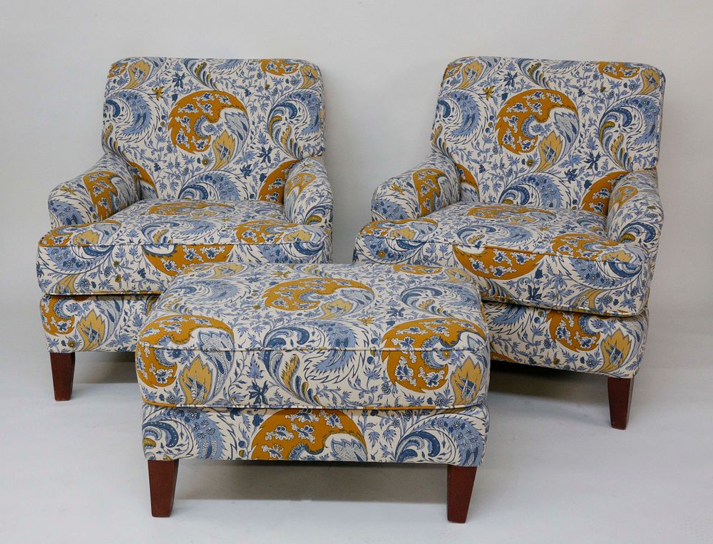 Appraisal: Pair of Blue and Gold Floral Upholstered Armchairs and Matching