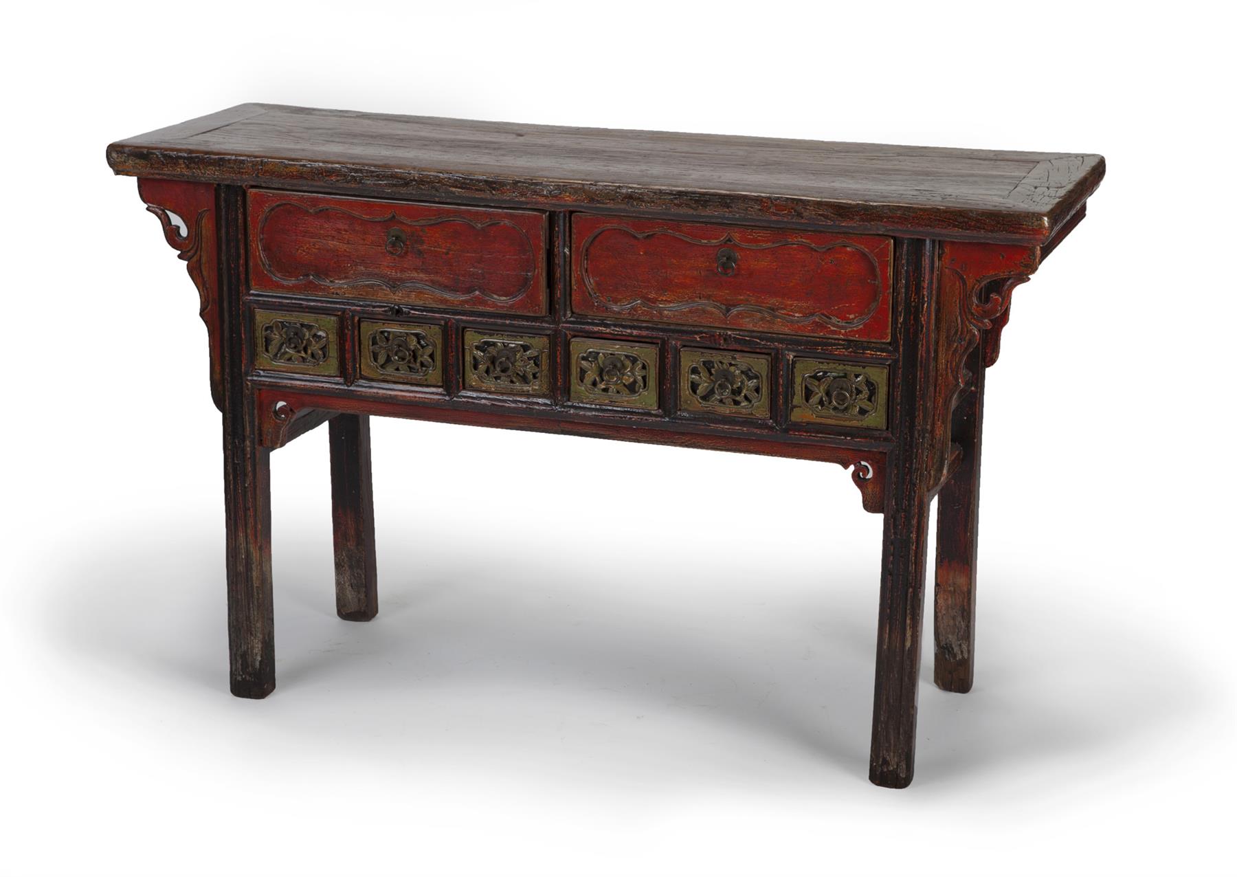 Appraisal: CHINESE SIDE TABLE Ca s elm Mortised construction Dovetailed drawers