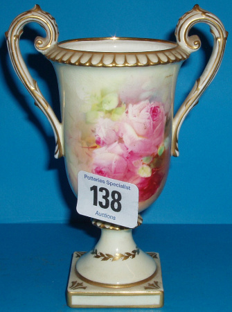 Appraisal: A Handpainted Two Handled Urn Shaped Vase Decorated With Roses