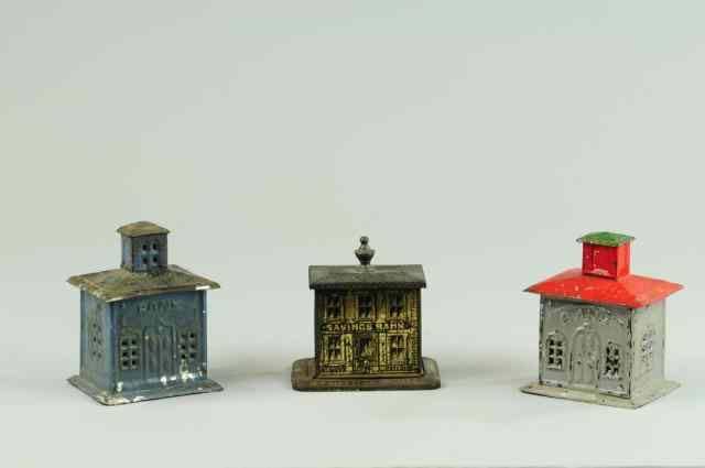 Appraisal: LOT OF EARLY TIN BUILDING STILL BANKS Includes two painted