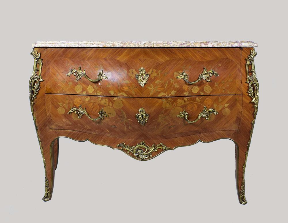 Appraisal: LOUIS XV STYLE INLAID BRONZE MOUNTED COMMODE th Century Marble