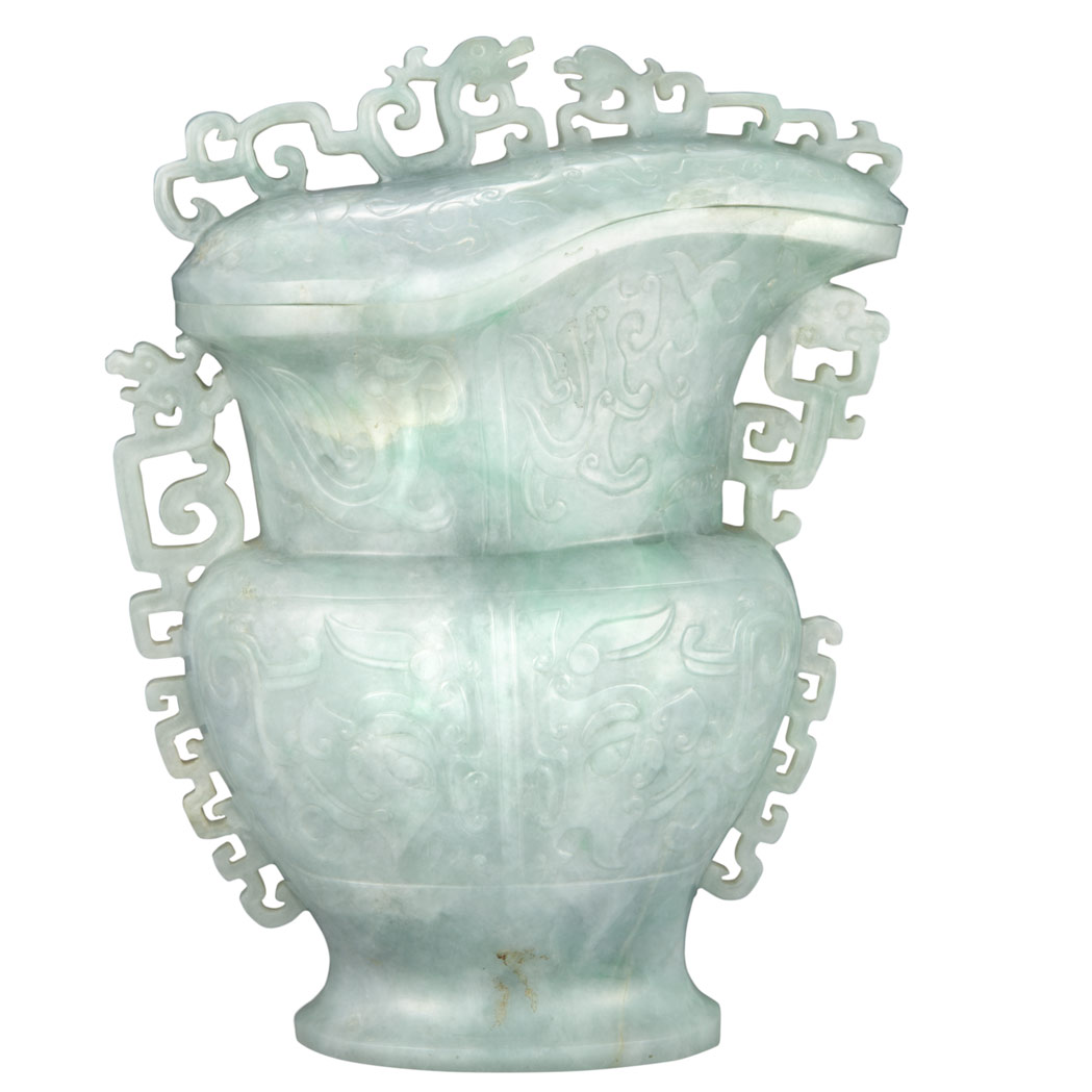 Appraisal: Chinese Jadeite Archaic Style Covered Vase Early th century The