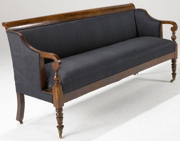 Appraisal: SHERATON SOFA Turned leg mahogany frame upholstered in black raw