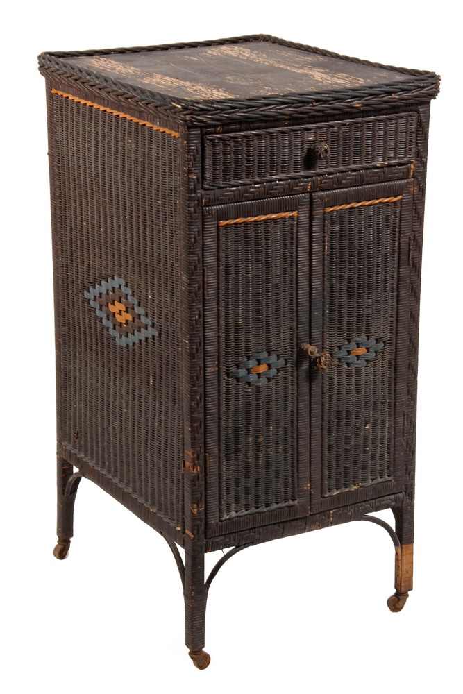 Appraisal: RARE WICKER VICTROLA STAND - Basketweave Cabinet with drawer two-door