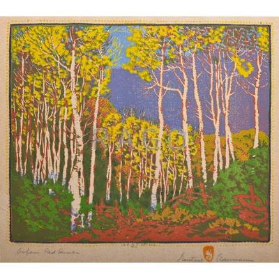 Appraisal: GUSTAVE BAUMANN American - Color woodblock print Aspen Red River