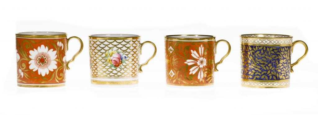 Appraisal: FOUR SPODE COFFEE CANS one painted with three rose centred