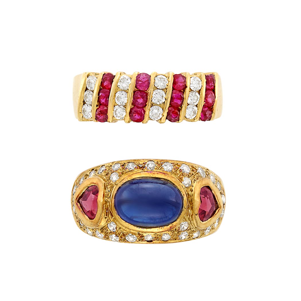 Appraisal: Two Gold Gem-Set and Diamond Rings kt one oval cabochon