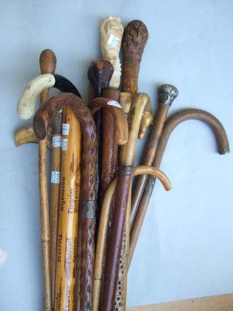 Appraisal: A quantity of walking sticks including a shark vertebrae two