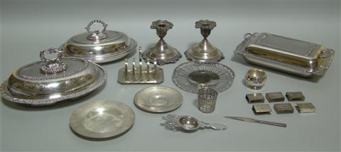 Appraisal: GROUP OF SILVER AND PLATE Including silver match covers a