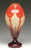 Appraisal: LE VERRE FRANCAIS VASE Colorful rust-red mushrooms against yellow background