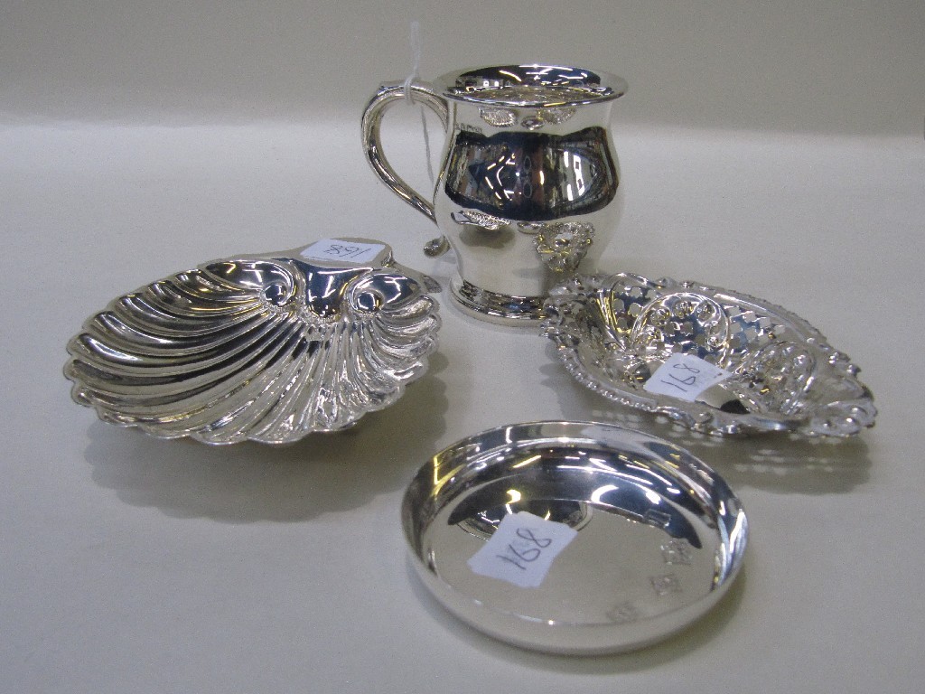 Appraisal: Lot comprising silver christening mug shell shaped dish bon bon