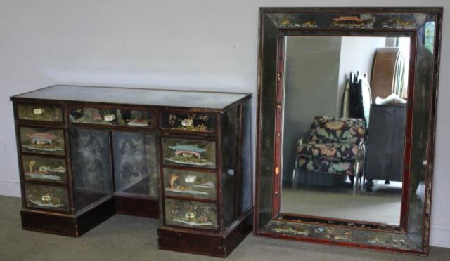 Appraisal: Mirrored and Chinoiserie Decorated Desk and MirrorFrom a Queens NY