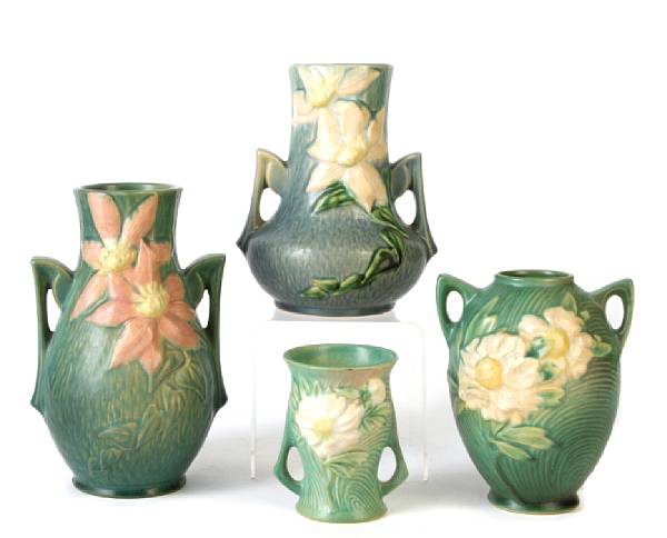 Appraisal: Five Roseville glazed earthenware vases in the Clematis and Peony