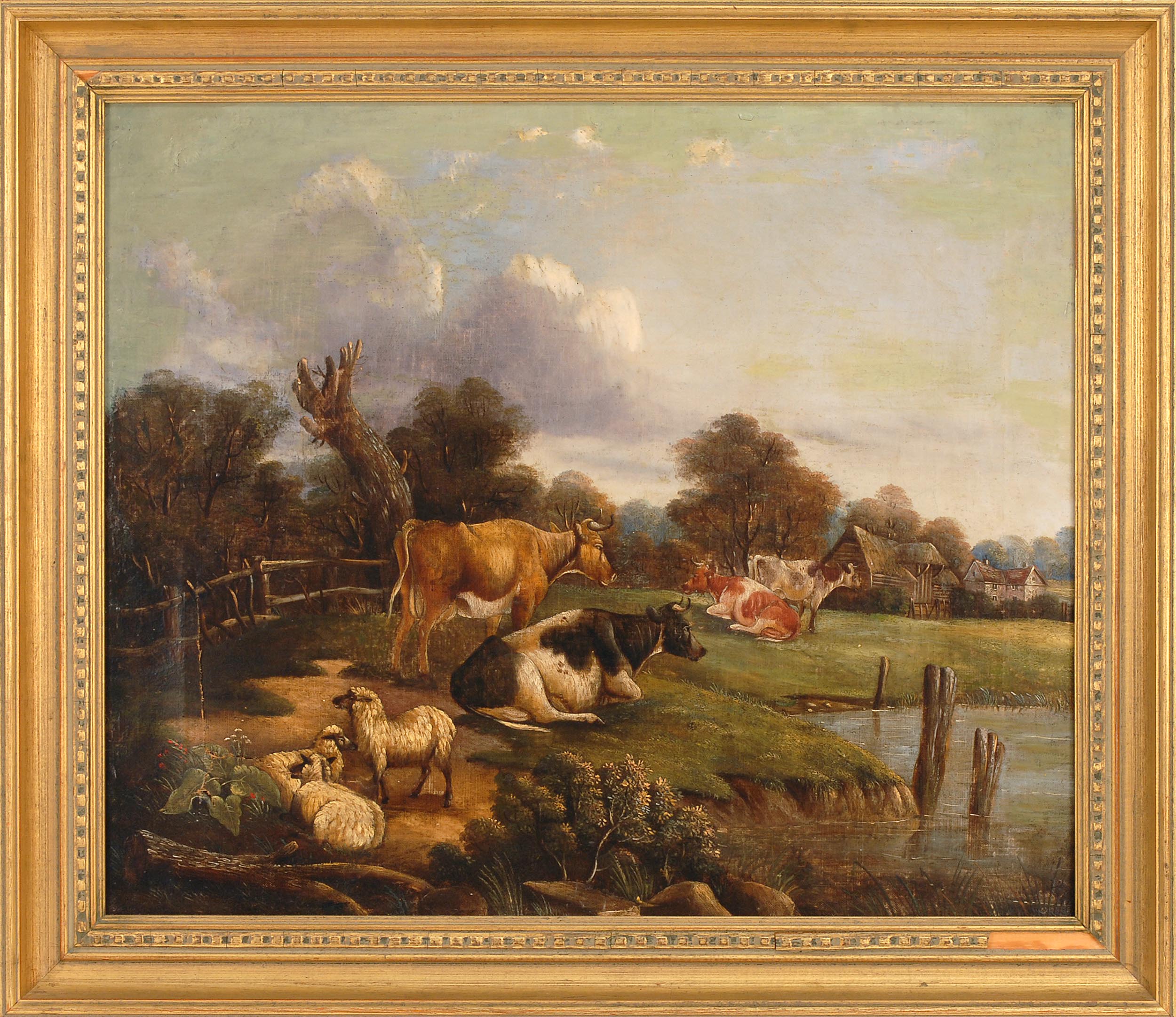 Appraisal: FRAMED PAINTING ENGLISH SCHOOL th Century Cows resting in a