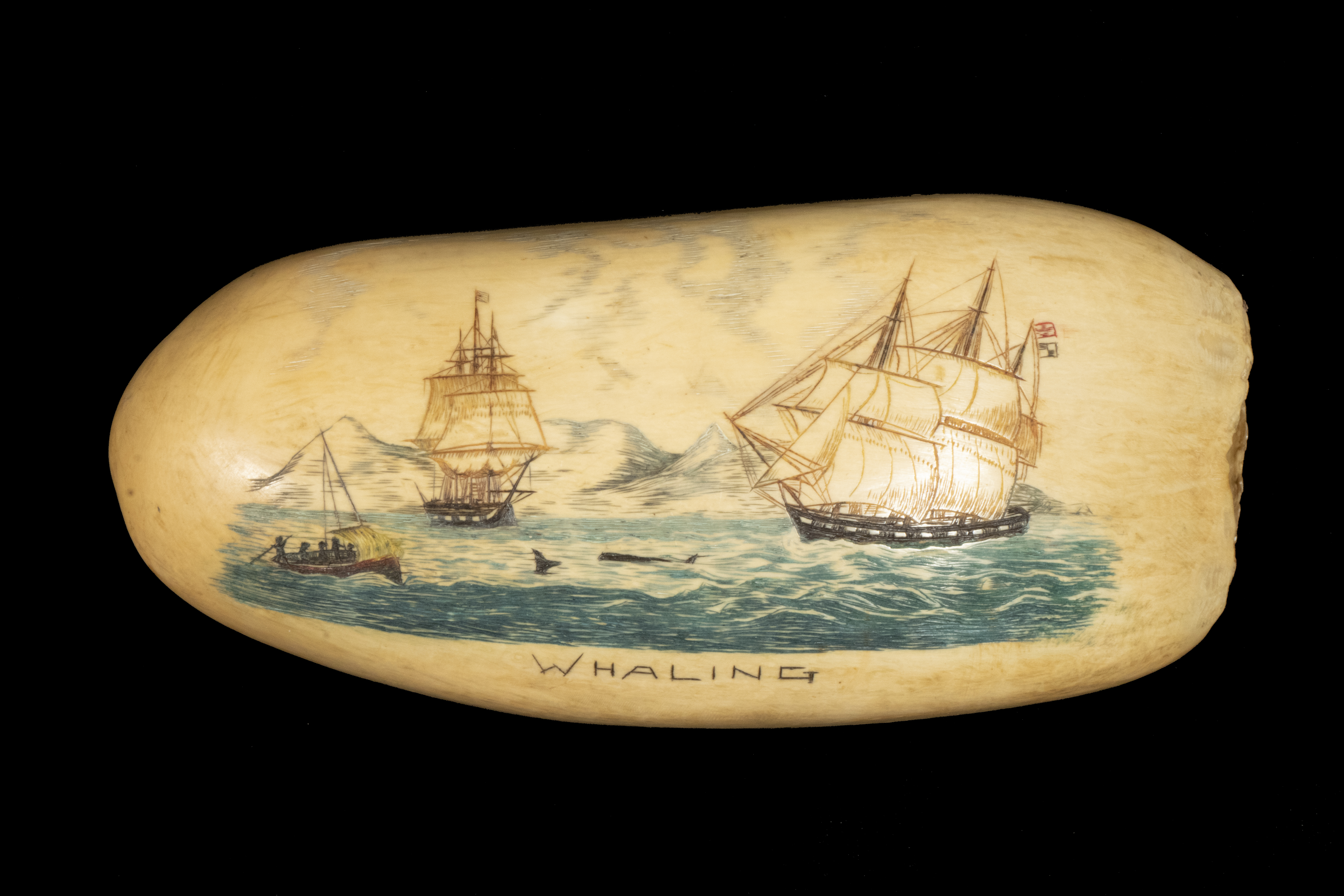 Appraisal: SCRIMSHAW SPERM WHALE TOOTH Whaling polychrome depicting two ships and