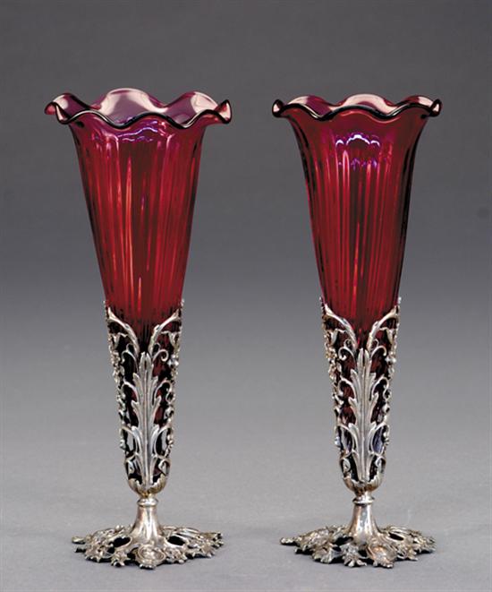 Appraisal: Pair ruby glass and silverplate vases fluted trumpet form vase