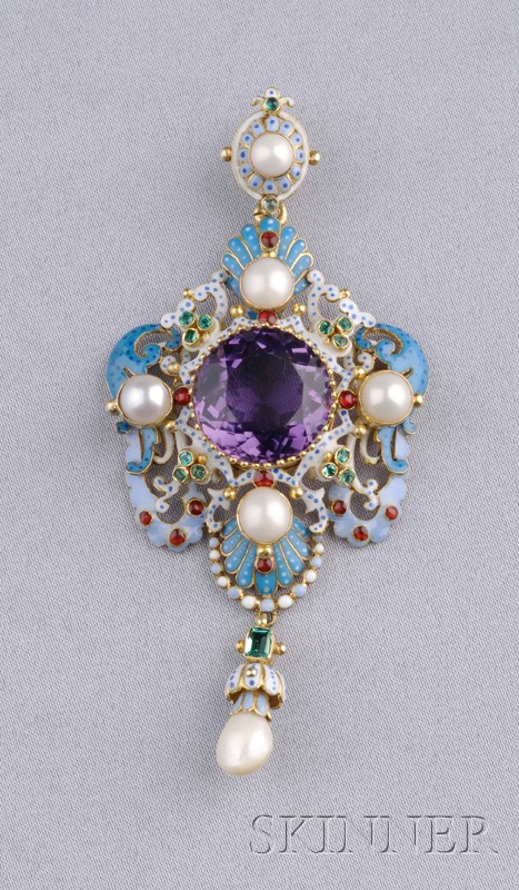 Appraisal: Renaissance Revival Gem-set and Enamel Pendant centering a circular-cut amethyst