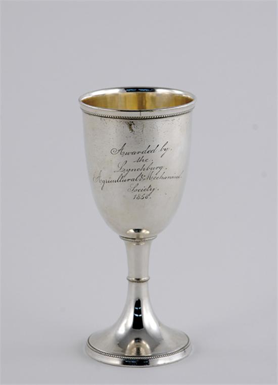 Appraisal: Southern coin silver presentation goblet circa beaded rim on tulip-form