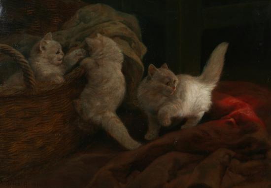 Appraisal: ARTHUR HEYER German - THREE WHITE KITTENS PLAYING NEAR A