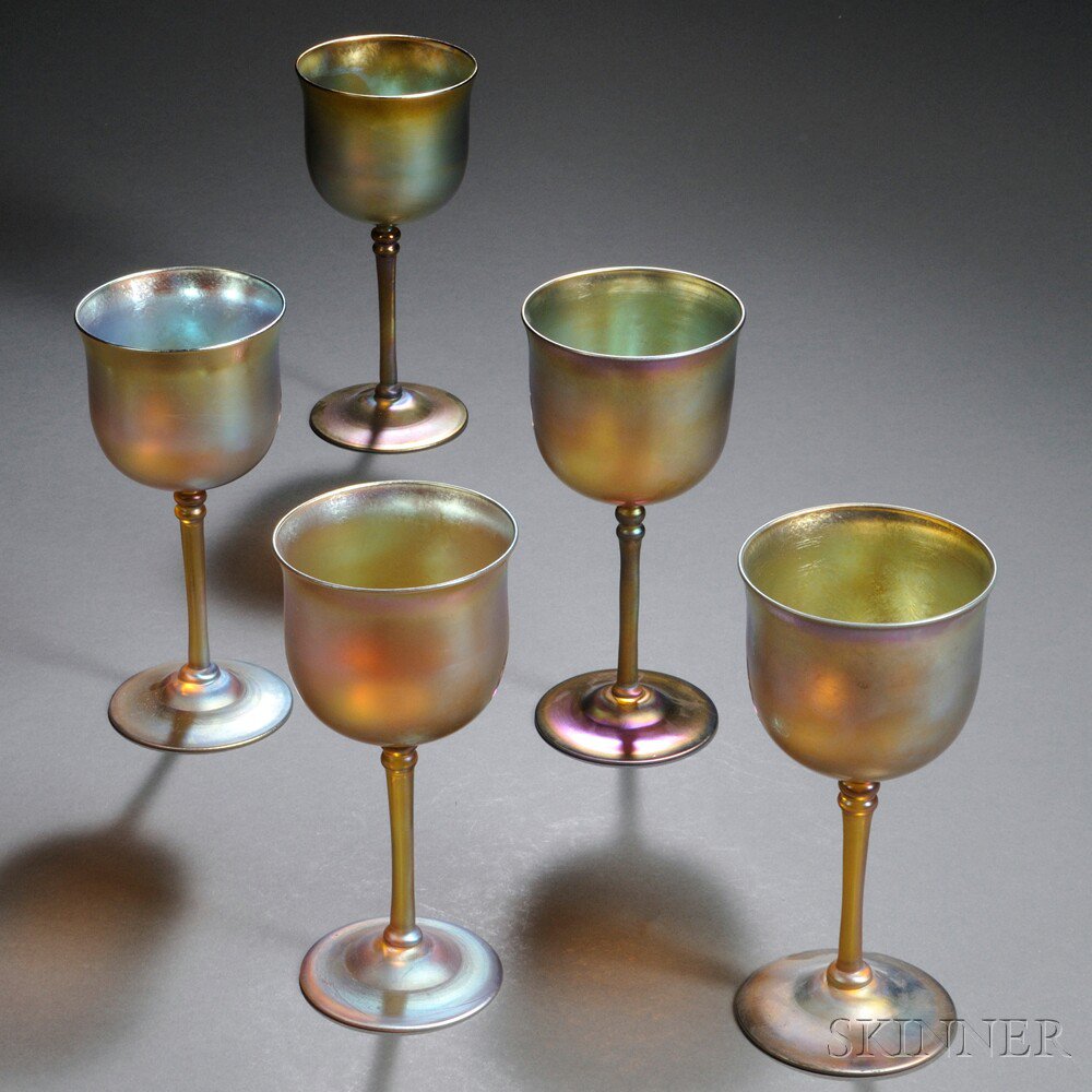 Appraisal: Five Tiffany Gold Favrile Goblets Art glass New York early