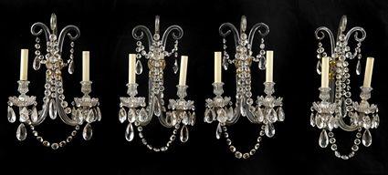 Appraisal: SET OF FOUR GEORGE III-STYLE GILT-METAL-MOUNTED CUT-GLASS TWO-LIGHT WALL APPLIQUES