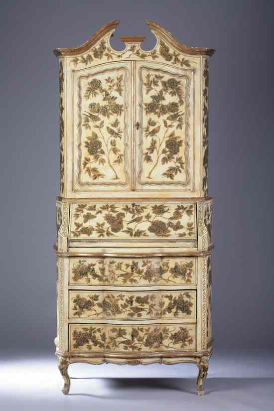 Appraisal: ITALIAN ROCOCO STYLE PAINT-DECORATED SECRETARY BOOKCASE Upper section Broken bonnet