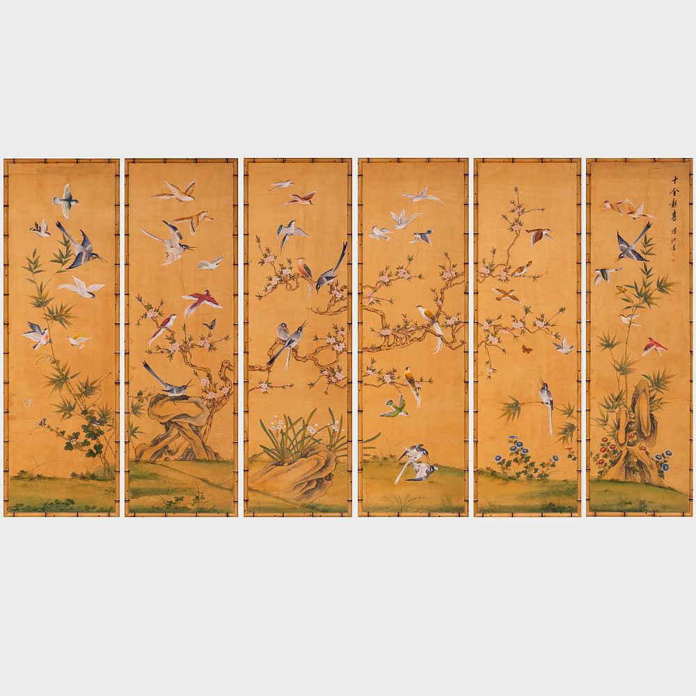 Appraisal: Set of Six Japanese Painted Wallpaper Panels in Faux Bamboo