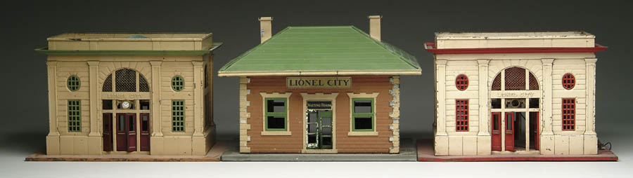 Appraisal: LOT OF LIONEL TRAIN STATIONS Complete with Lionel City sign