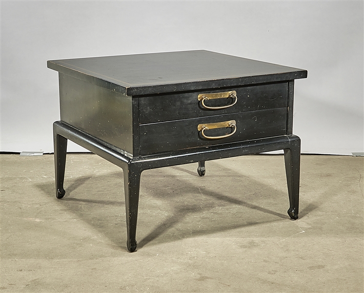 Appraisal: Vintage Black Chinese low two-drawer square form table x sq