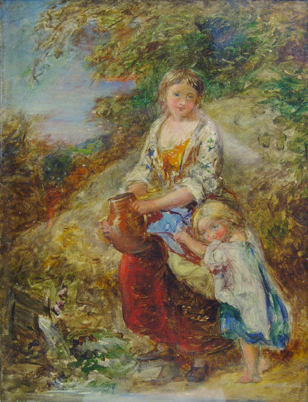 Appraisal: Oil onto canvas of a young girl and mother collecting