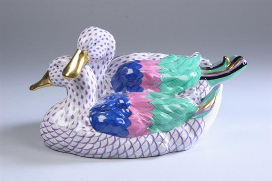 Appraisal: LARGE HEREND PORCELAIN DUCK Purple fishnet with polychrome feathers -