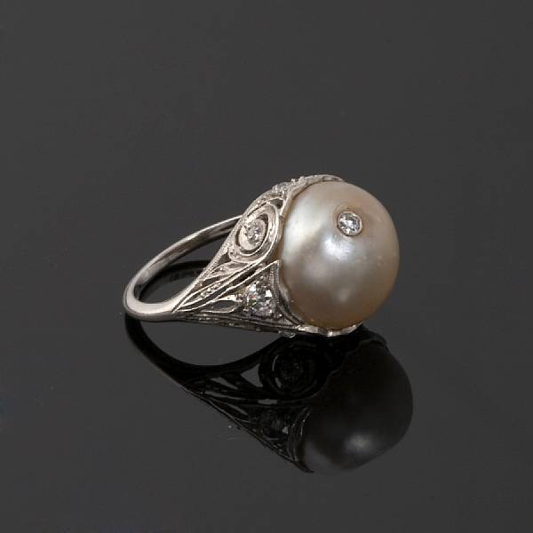 Appraisal: A natural pearl and diamond ring pearl measuring approximately mm