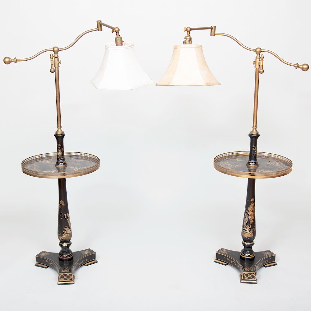 Appraisal: Pair of Brass-Mounted Chinoiserie Decorated Light Tables Each with retractable