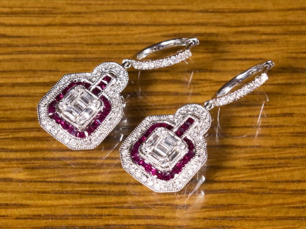 Appraisal: PAIR OF DIAMOND AND RUBY DANGLE EARRINGS each k white