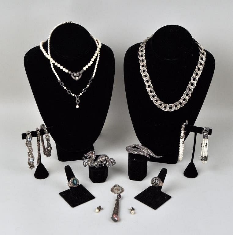 Appraisal: Group Vintage Marcasite Sterling Jewelry comprising necklaces pins bracelets rings